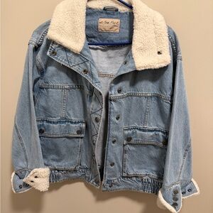 We The Free Light Blue Denim Jacket with Cream Sherpa Collar